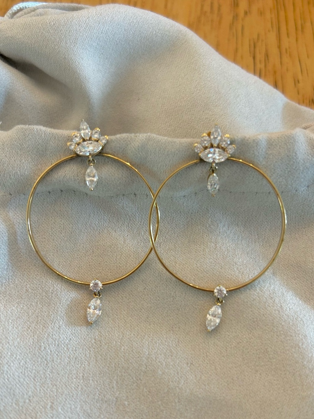 Gold Hoop Drop Earrings with Clear Crystal Accents - Women Jewelry